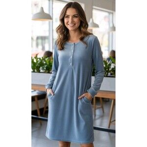 One World Women's Long Sleeve Tunic Dress Top, Light Blue, Size S.